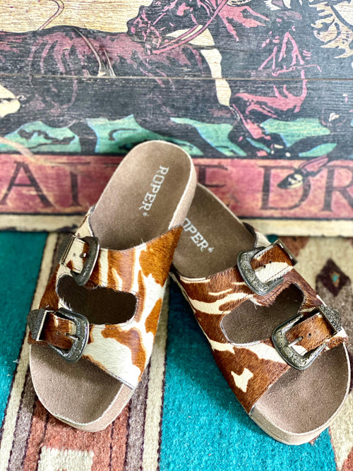 Roper Footwear The Roper Destiny Hair On Hide Western Buckle Birks Sandal