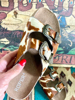 Roper Footwear The Roper Destiny Hair On Hide Western Buckle Birks Sandal
