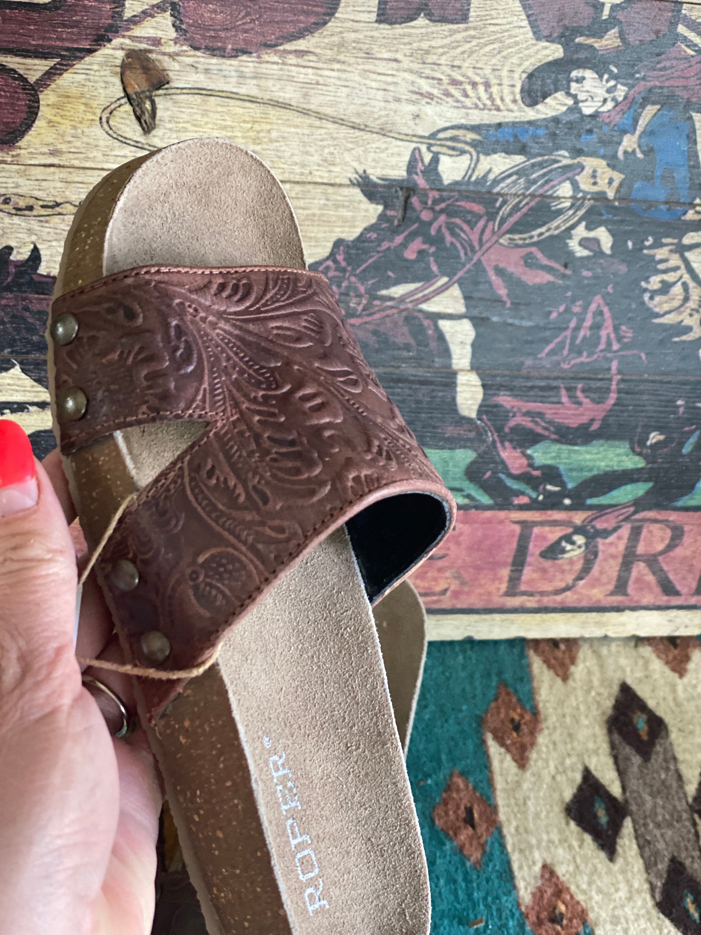 Roper Footwear 7 The Roper On Wagon Train Embossed Leather Studded Birk Sandal