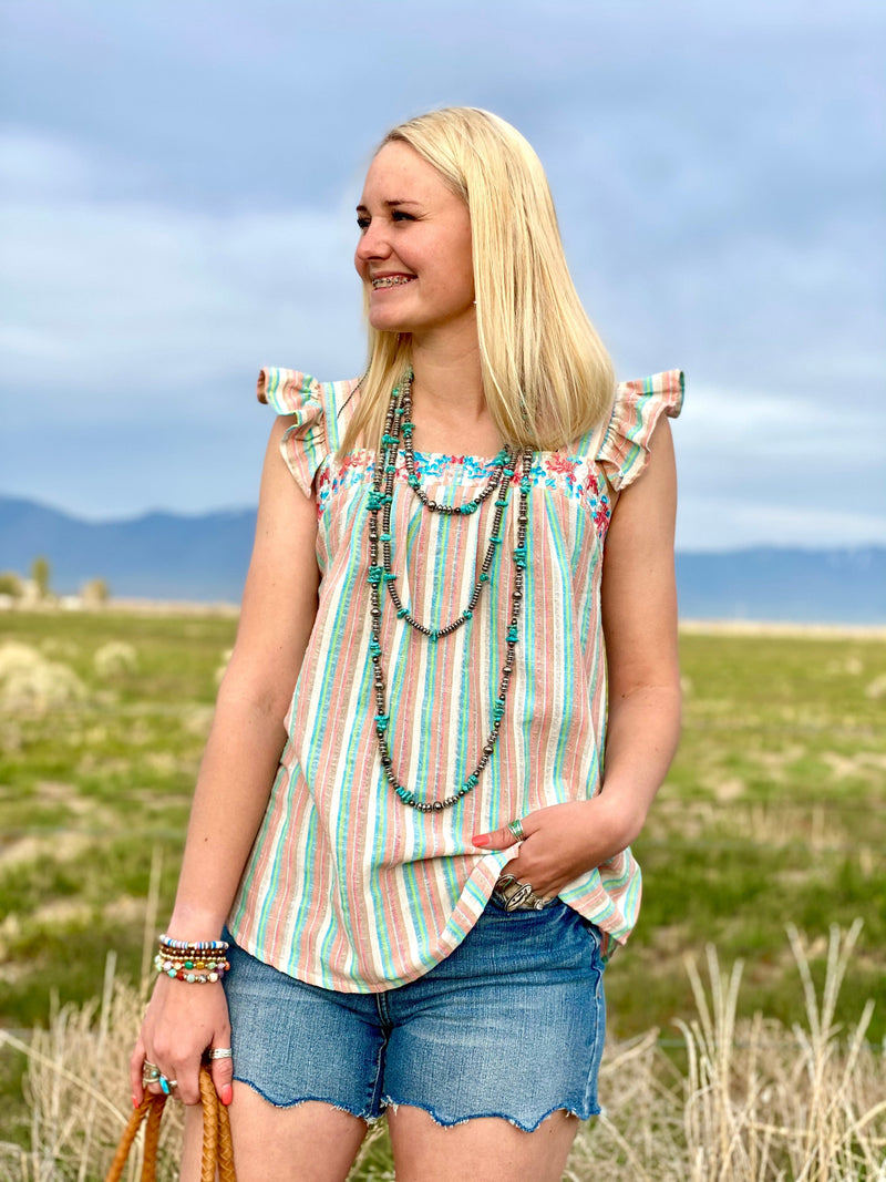 Shop Envi Me Tops and Tunics The Summer Mazatlan Embroidered Stripe Tank Top