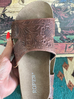 Roper Footwear The Tan Wagon Train Embossed Leather Studded Birk Sandal