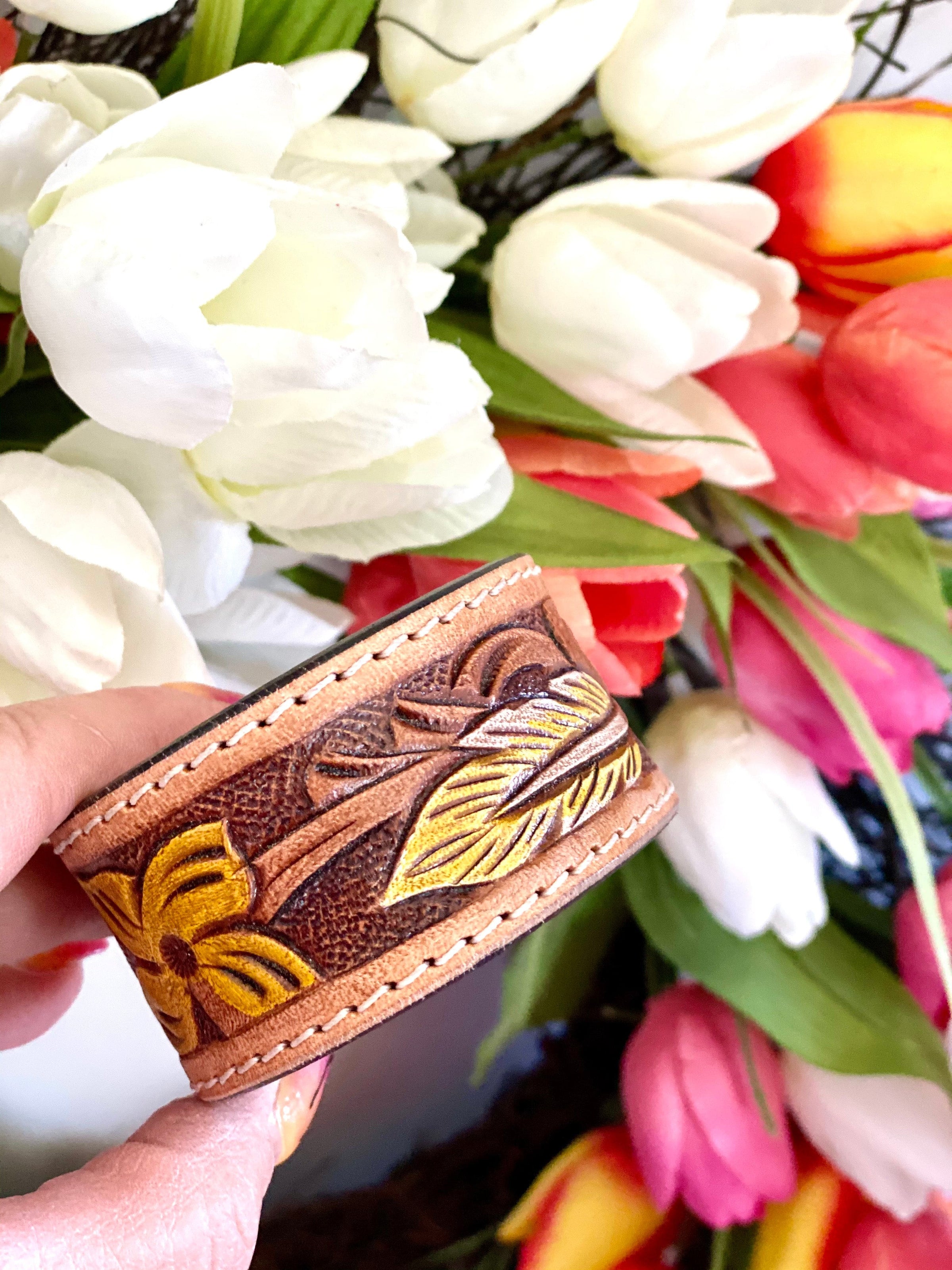 Shop Envi Me Jewelry Leather / Sunflower The Tooled Floral Leather Cuff Bracelet