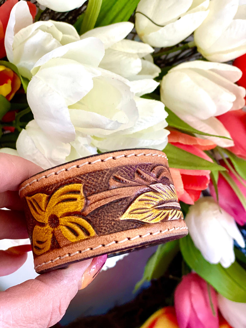 Shop Envi Me Jewelry Leather / Sunflower The Tooled Floral Leather Cuff Bracelet