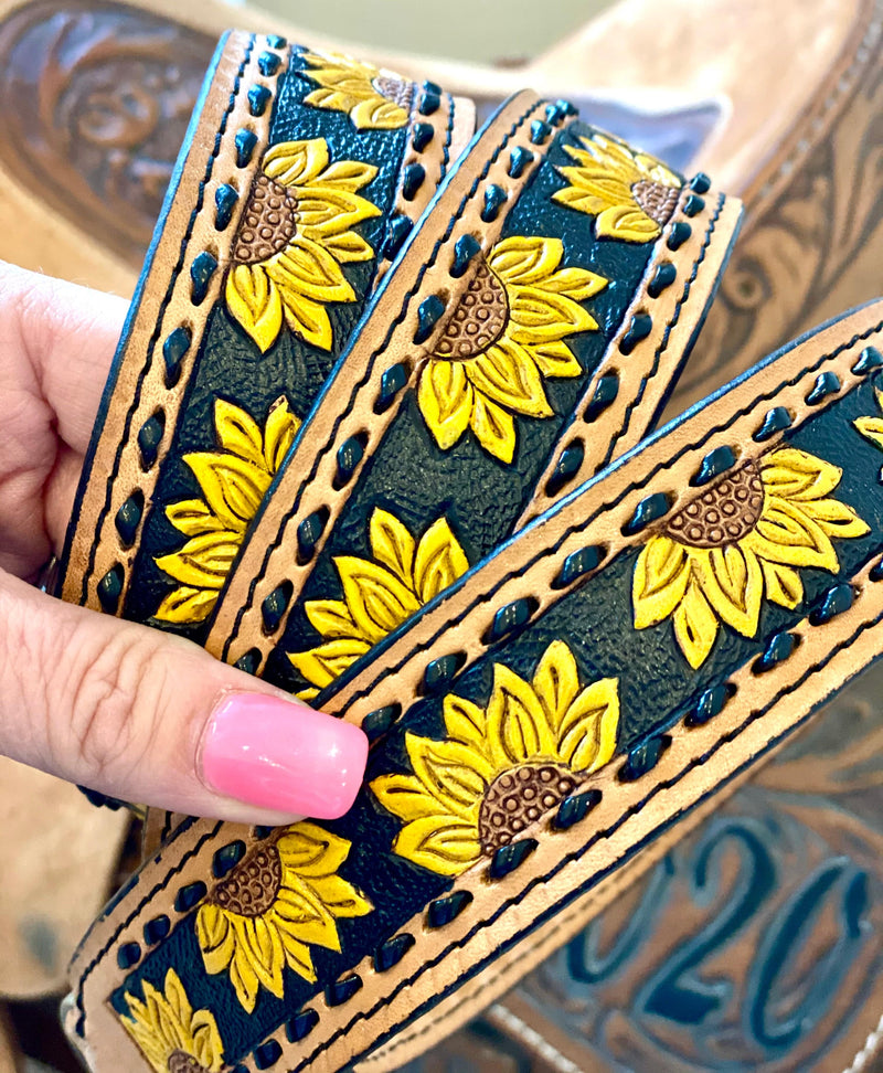 The Tooled & Painted Leather Purse Straps Buckstitched Sunflower