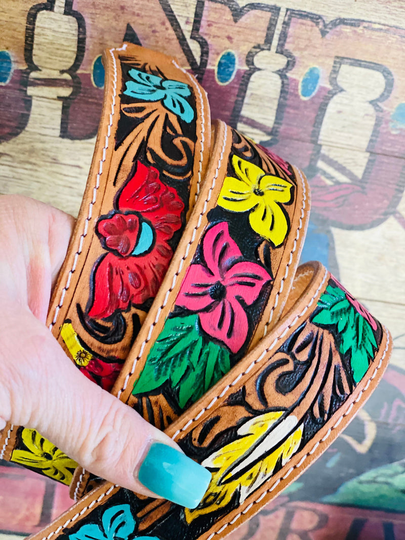 Tooled Leather Purse Straps Colorful Paisley