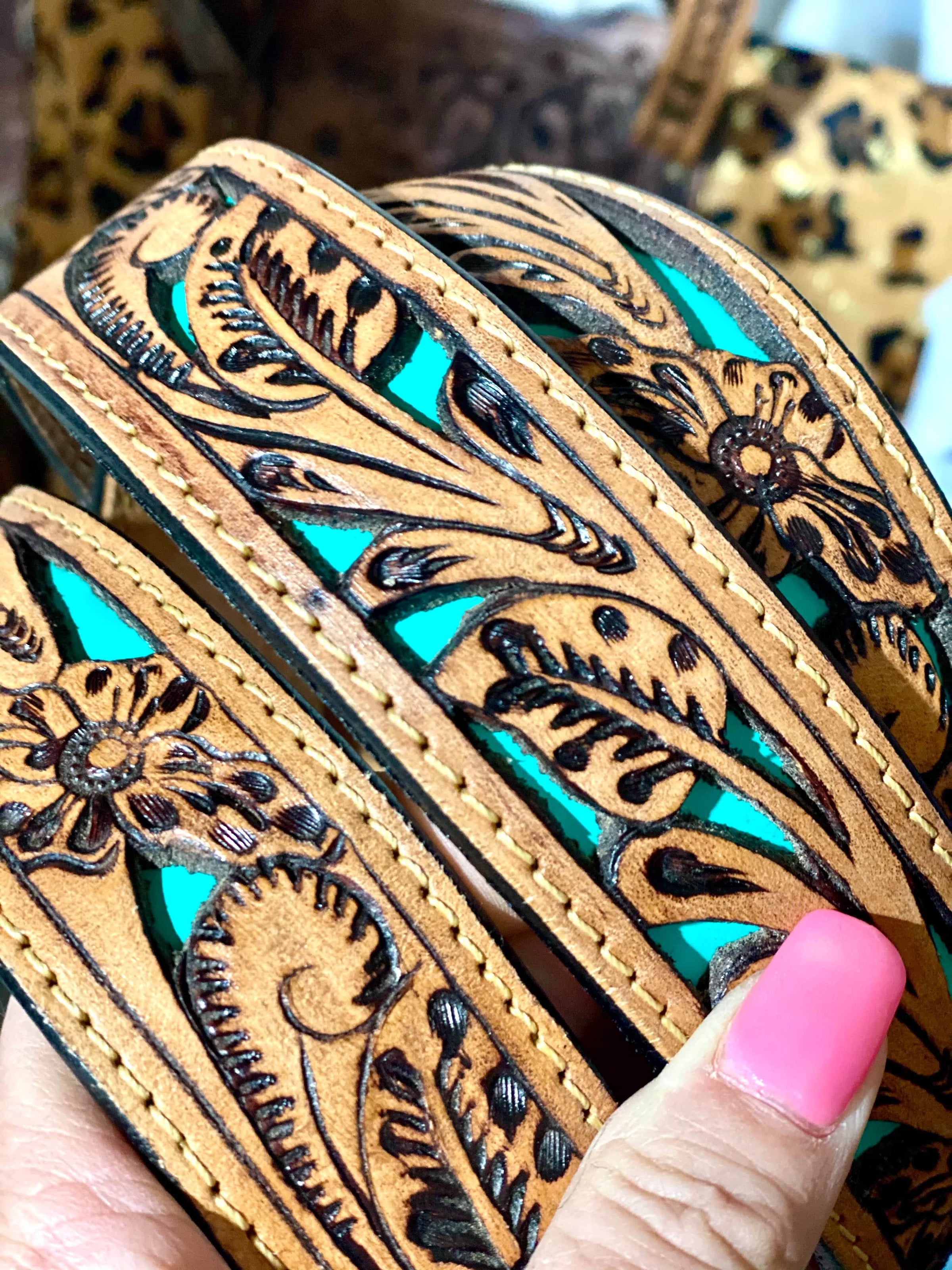 Leather Tooled Purse Strap (Turquoise Stone)