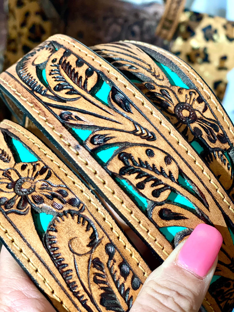 The Tooled & Painted Leather Purse Straps Buckstitched Sunflower