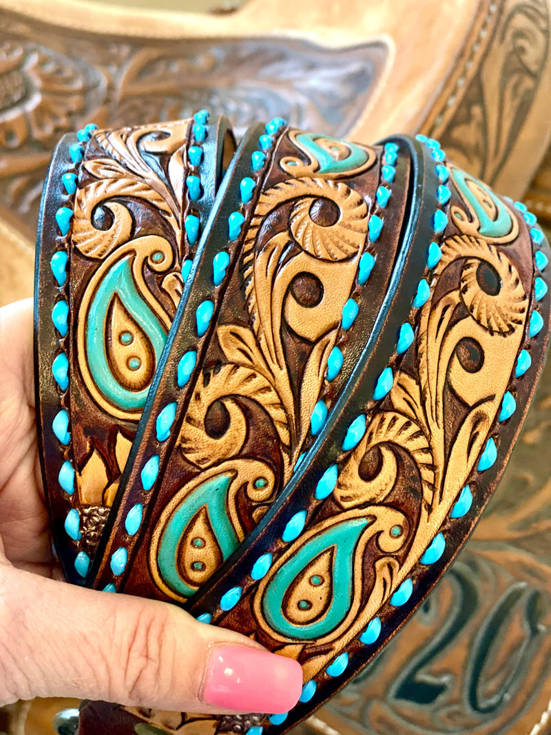 Shop Envi Me Turquoise Buckstitch The Tooled & Painted Leather Purse Straps