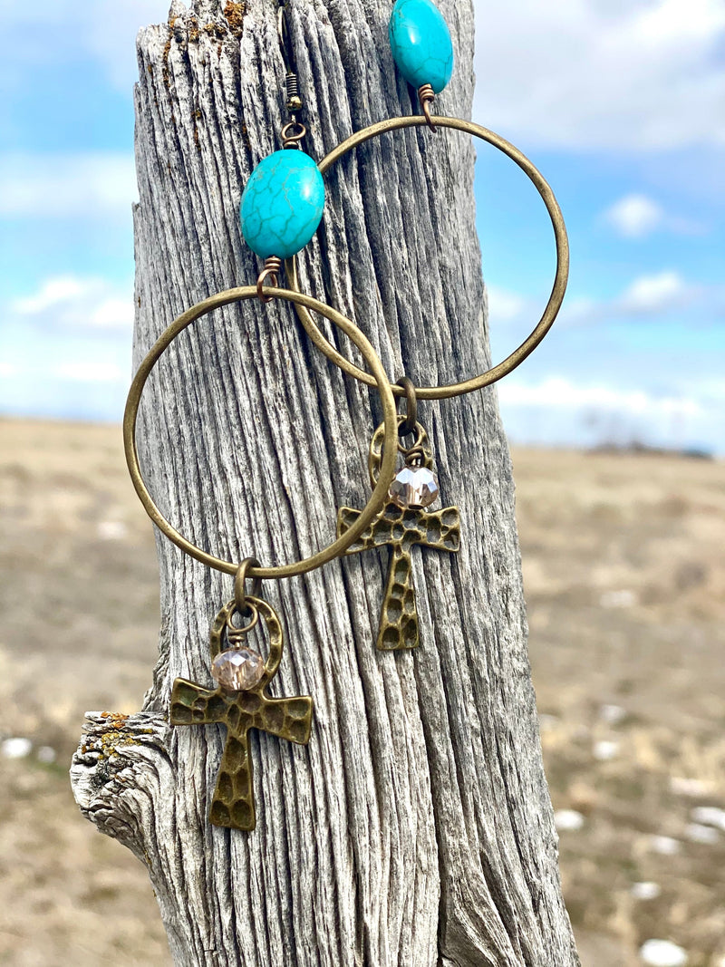 Shop Envi Me Earrings The Turquoise Cross Crystal Hoop Earrings