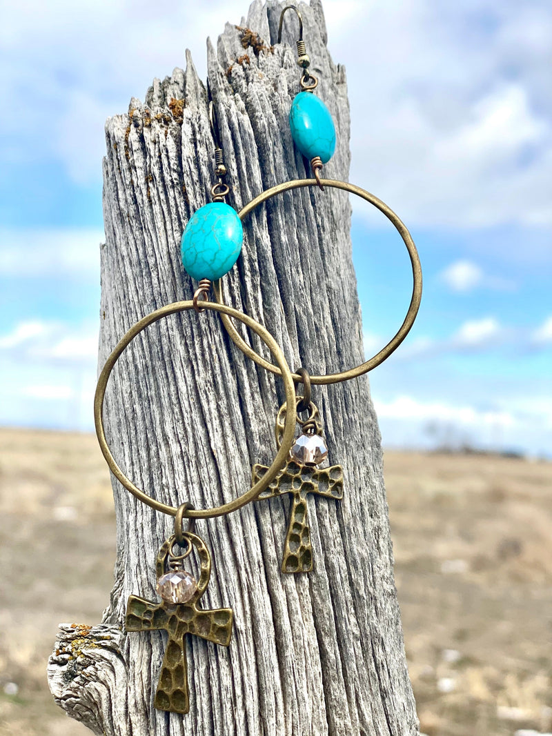 Shop Envi Me Earrings The Turquoise Cross Crystal Hoop Earrings