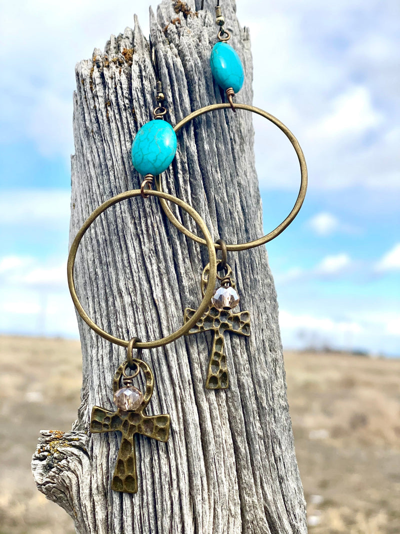 Shop Envi Me Earrings The Turquoise Cross Crystal Hoop Earrings