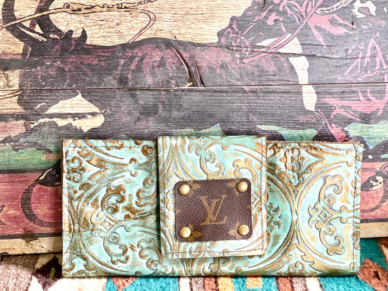 Shop Envi Me Accessories The Turquoise Floral Tooled Leather Patch Clutch Wallet