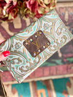 Shop Envi Me Accessories The Turquoise & Gold Floral Leather Patch Wristlet Wallet