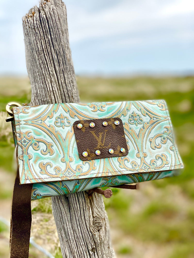 Shop Envi Me Accessories The Turquoise & Gold Floral Leather Patch Wristlet Wallet