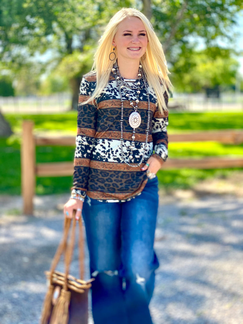 Shop Envi Me Cardigans and Kimonos The West of Fall Buckstitch Cheetah Cow Print Top